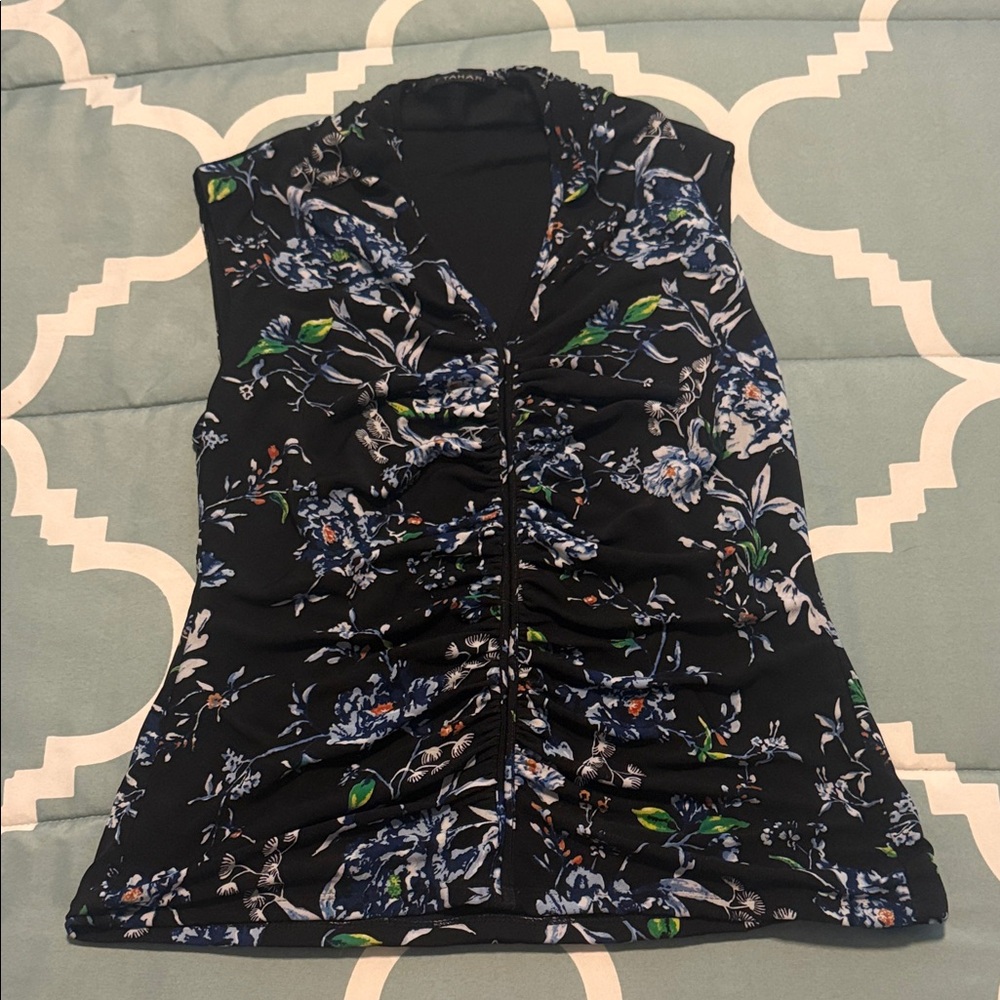TAHARI Sleeveless Navy Floral Ruched V-Neck Top sz S/P orig$55